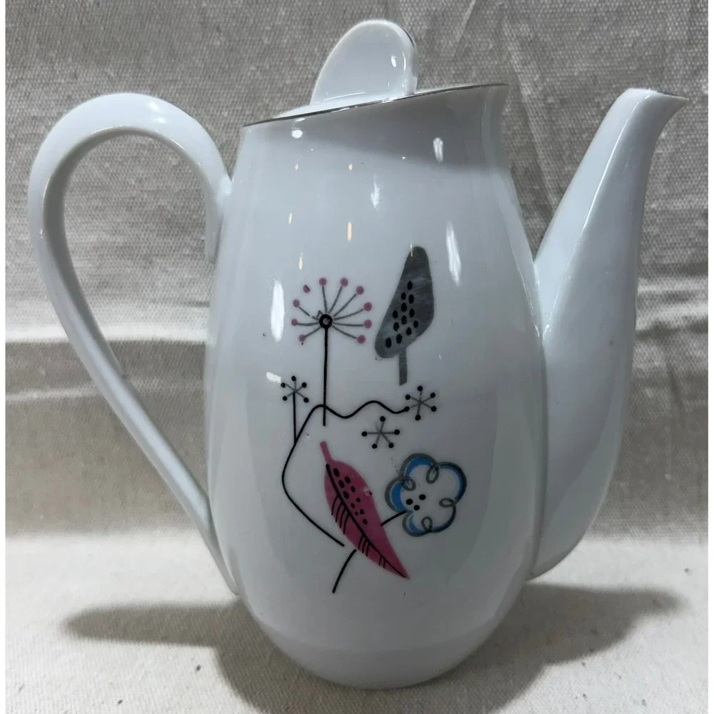 Royal Grace Japan Fine China Teapot 1950s MCM Atomic Botanical Pink Blue White
